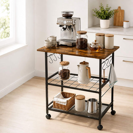 3-Tier Kitchen Trolley, Brown – Metal & MDF, Lockable Wheels