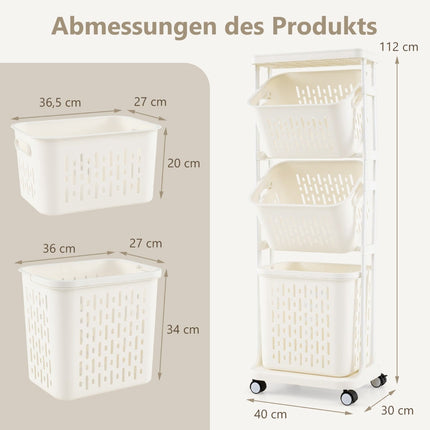3-Tier Laundry Cart with Wheels, 3 Baskets, Metal Frame