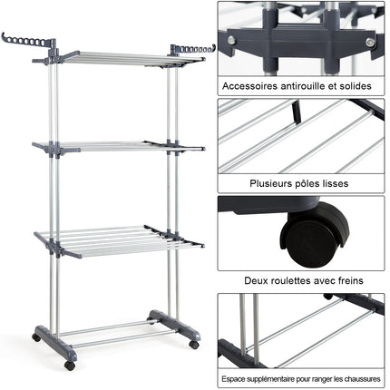 3-Tier Laundry Drying Rack, Foldable, Wheeled, 169 cm