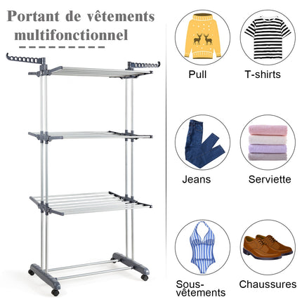 3-Tier Laundry Drying Rack, Foldable, Wheeled, 169 cm