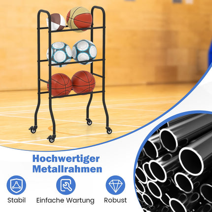3-Tier Metal Basketball Rack with Wheels – Holds 6 Balls