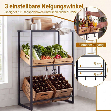 3-Tier Metal Drink Crate Rack with Shelf and Hooks