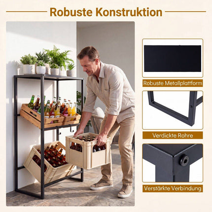 3-Tier Metal Drink Crate Rack with Shelf and Hooks