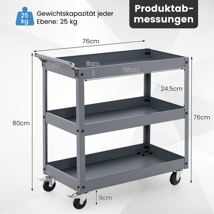 3-Tier Metal Rolling Cart with Ergonomic Handle, Gray