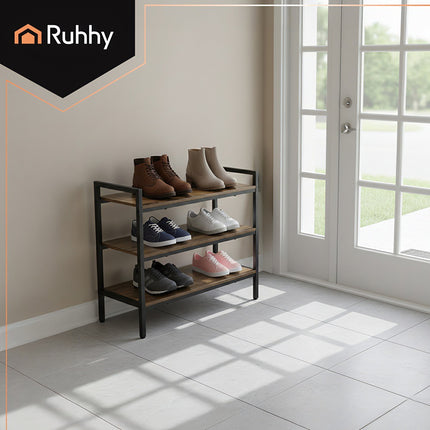3-Tier Metal Shoe Rack with Wooden Shelves, 79cm