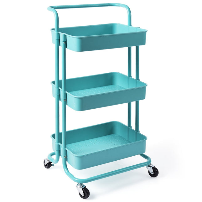 3-Tier Metal Utility Cart with Wheels, 60kg Capacity, Turquoise