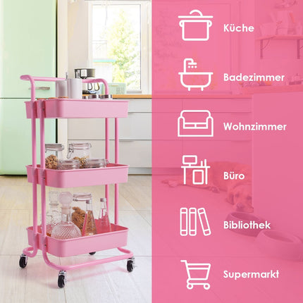 3-Tier Metal Utility Cart with Wheels, Pink, Easy Assembly