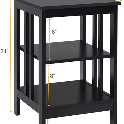 3-Tier Nightstand, MDF Shelves, Reinforced Bars, Black