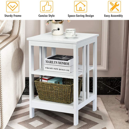 3-Tier Nightstand, MDF Shelves, Reinforced Bars, White