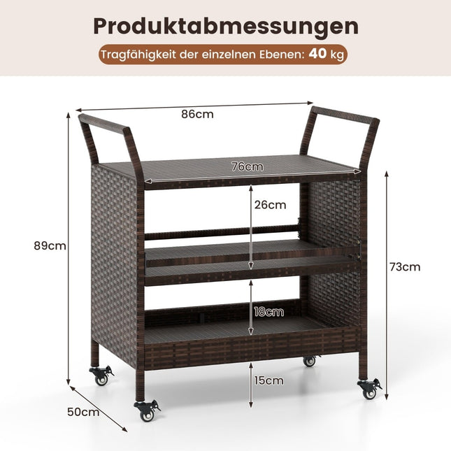 3-Tier Outdoor Bar Cart with Lockable Wheels & Handles