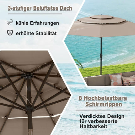 3-Tier Patio Umbrella, 300cm, Wind-Resistant, Brown