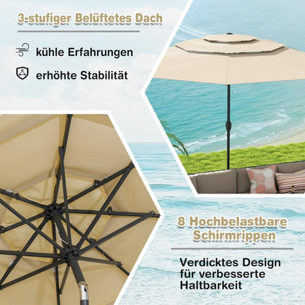 3-Tier Patio Umbrella, Beige, 300 cm, Wind-Resistant