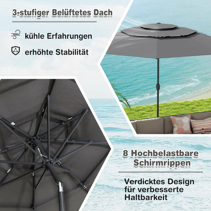 3-Tier Patio Umbrella, Crank, Tilt, 300cm, Grey
