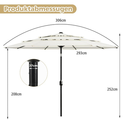 3-Tier Patio Umbrella, Double Vent, 306x306x252 cm, Beige