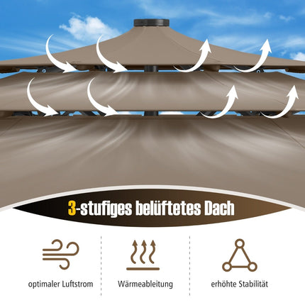 3-Tier Patio Umbrella, Solar LED, Crank Tilt, Brown