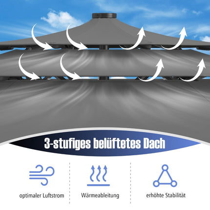 3-Tier Patio Umbrella with Solar LED Lights, Grey