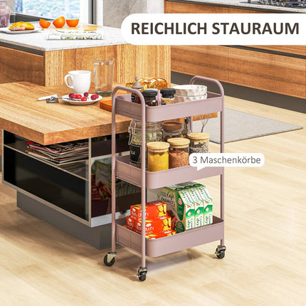 3-Tier Pink Steel Storage Cart with Wheels