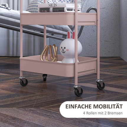3-Tier Pink Steel Storage Cart with Wheels
