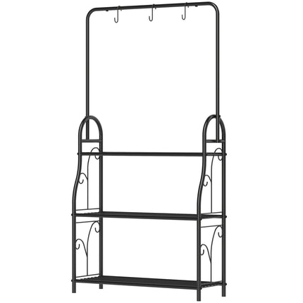 3-tier plant stand in black metal with hanging hooks, 137 cm high