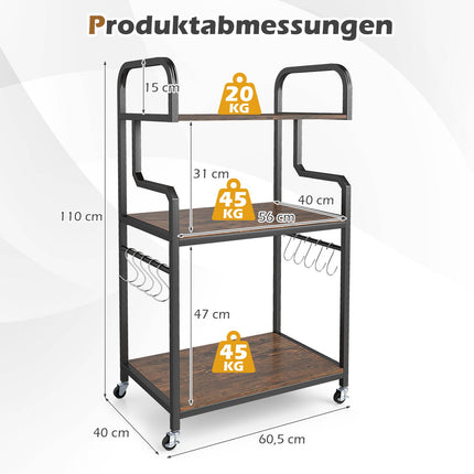 3-Tier Printer Stand with Wheels and Hooks, Brown