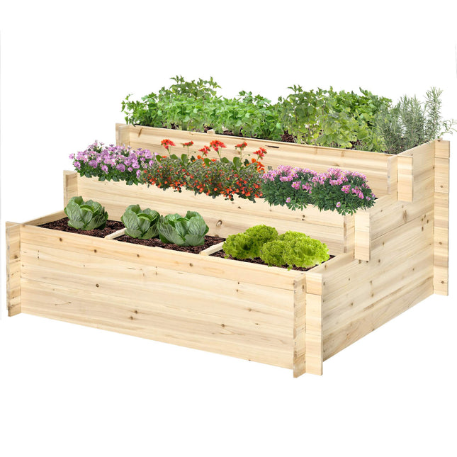 3-Tier Raised Garden Bed, Natural Wood, 117 x 100 x 54 cm