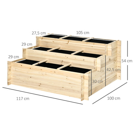 3-Tier Raised Garden Bed, Natural Wood, 117 x 100 x 54 cm