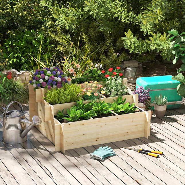 3-Tier Raised Garden Bed, Natural Wood, 117 x 100 x 54 cm