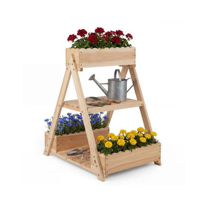 3-Tier Raised Garden Bed with 3 Planter Boxes and 2 Shelves, Fir Wood, Natural