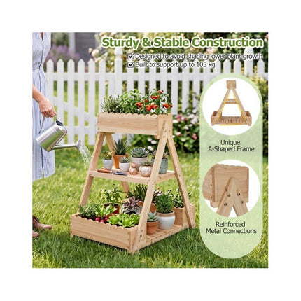 3-Tier Raised Garden Bed with 3 Planter Boxes and 2 Shelves, Fir Wood, Natural