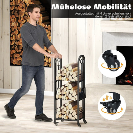 3-Tier Rolling Firewood Rack with Tools, Indoor/Outdoor
