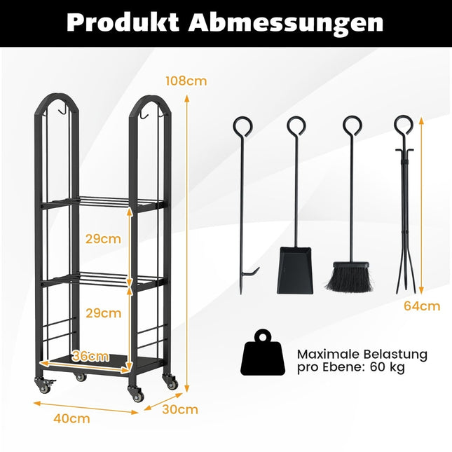 3-Tier Rolling Firewood Rack with Tools, Indoor/Outdoor