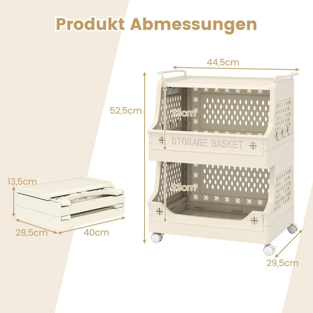 3-laags wasmand op wielen met handgrepen en haken