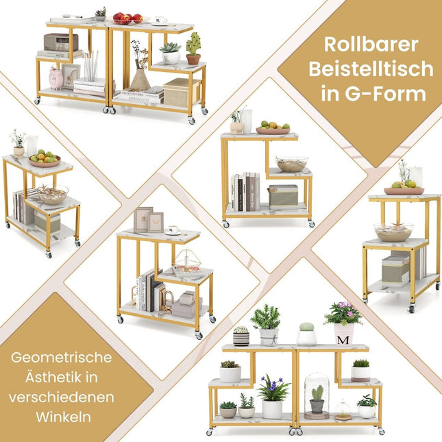 3-Tier Rolling Side Table – Marble Look, G-Shaped Design