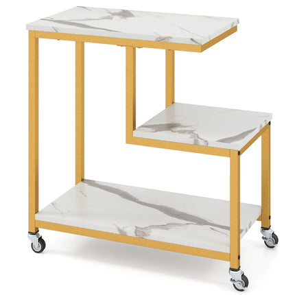 3-Tier Rolling Side Table – Marble Look, G-Shaped Design