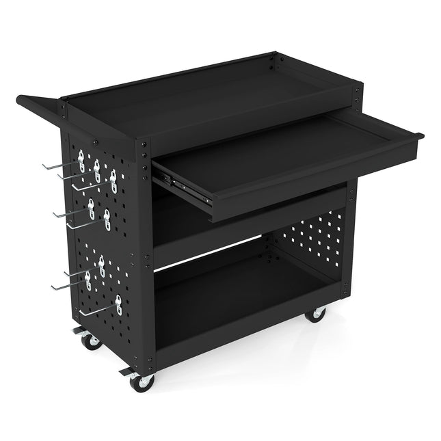 3-Tier Rolling Tool Cart with Drawer, Pegboards & Hooks