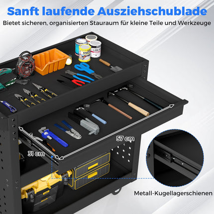 3-Tier Rolling Tool Cart with Drawer, Pegboards & Hooks