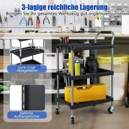 3-Tier Rolling Tool Cart with Wheels, Black, 64x40x102 cm