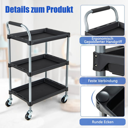 3-Tier Rolling Tool Cart with Wheels, Black, 64x40x102 cm