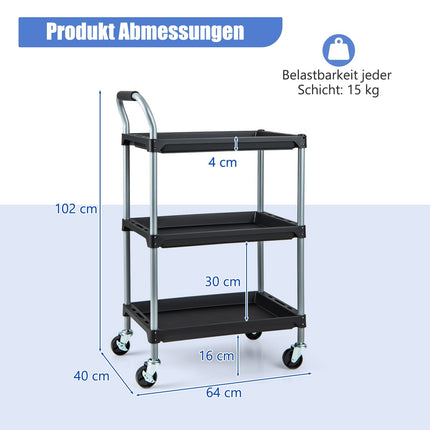 3-Tier Rolling Tool Cart with Wheels, Black, 64x40x102 cm
