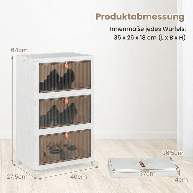 Schoenenopbergdoos met 3 lagen, magnetische deuren en wielen.