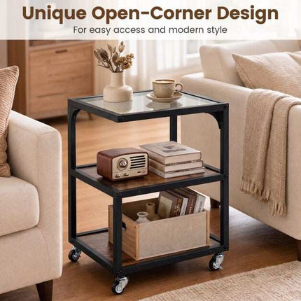3-Tier Side Table with Glass Top and Steel Frame