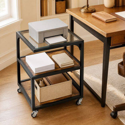 3-Tier Side Table with Glass Top and Steel Frame