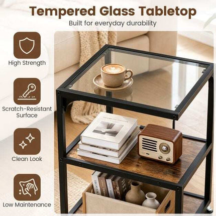 3-Tier Side Table with Glass Top and Steel Frame
