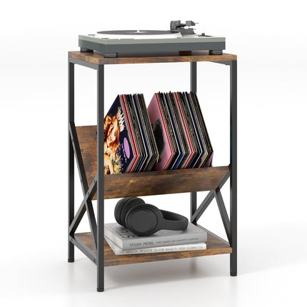 3-Tier Side Table with V-Shaped Magazine Holder, Brown