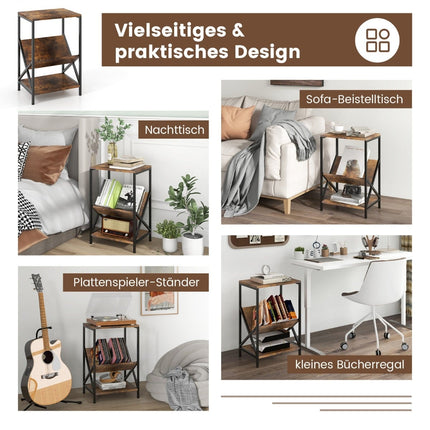 3-Tier Side Table with V-Shaped Magazine Holder, Brown