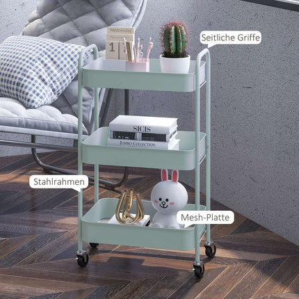 3-Tier Steel Storage Cart with Wheels, Light Blue