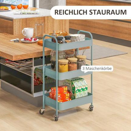 3-Tier Steel Storage Cart with Wheels, Light Blue
