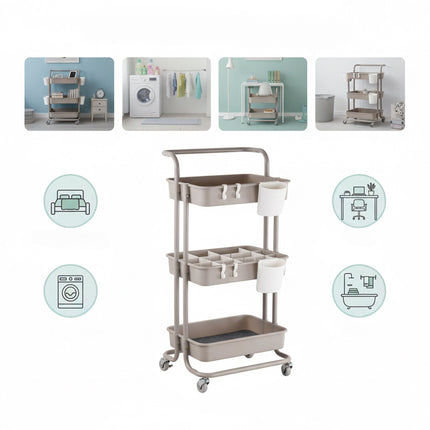 3-Tier Trolley with Adjustable Dividers and Hooks