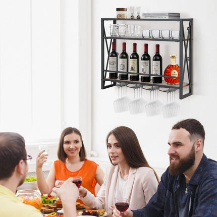 3 Tier Wall Mounted Metal Wine Rack with Glass Holder Industrial Design Rustic Brown