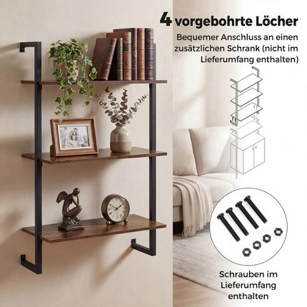 3-Tier Wall Shelf with Metal Frame – Rustic Brown